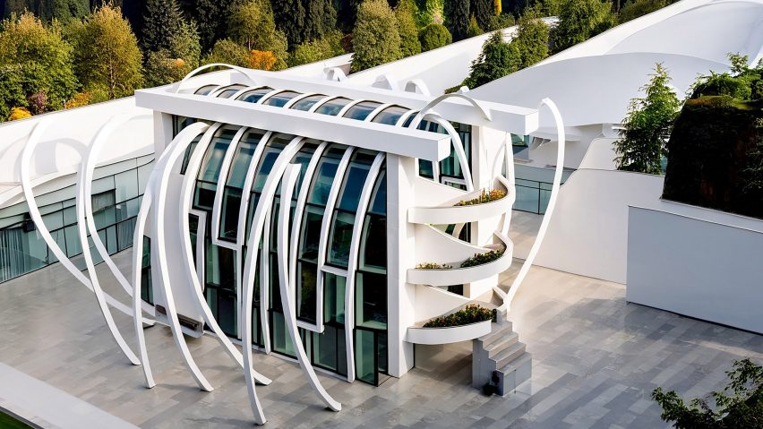 a visualisation of a building in tones of white and blue