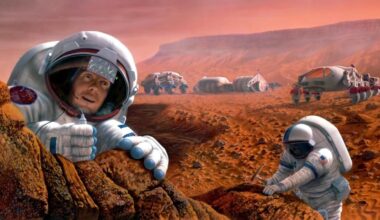 Illustration of astronauts exploring Mars.