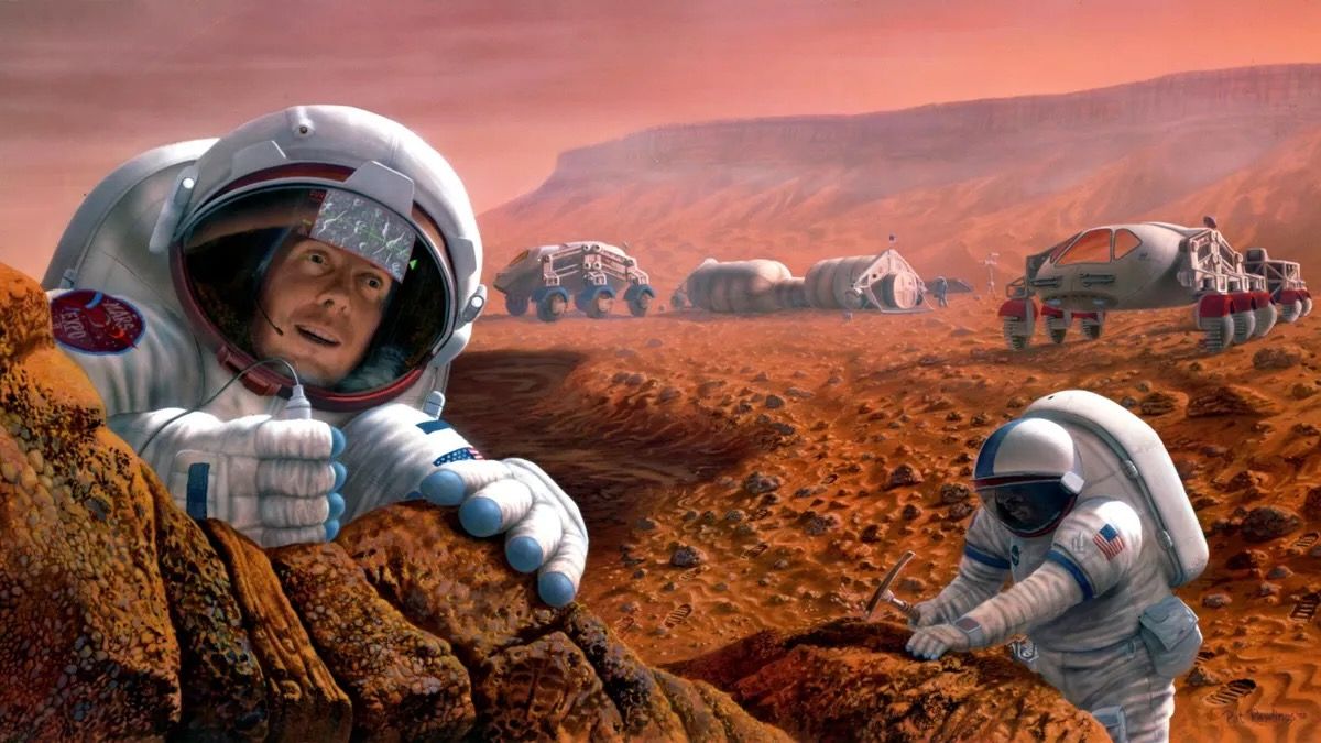 Illustration of astronauts exploring Mars.