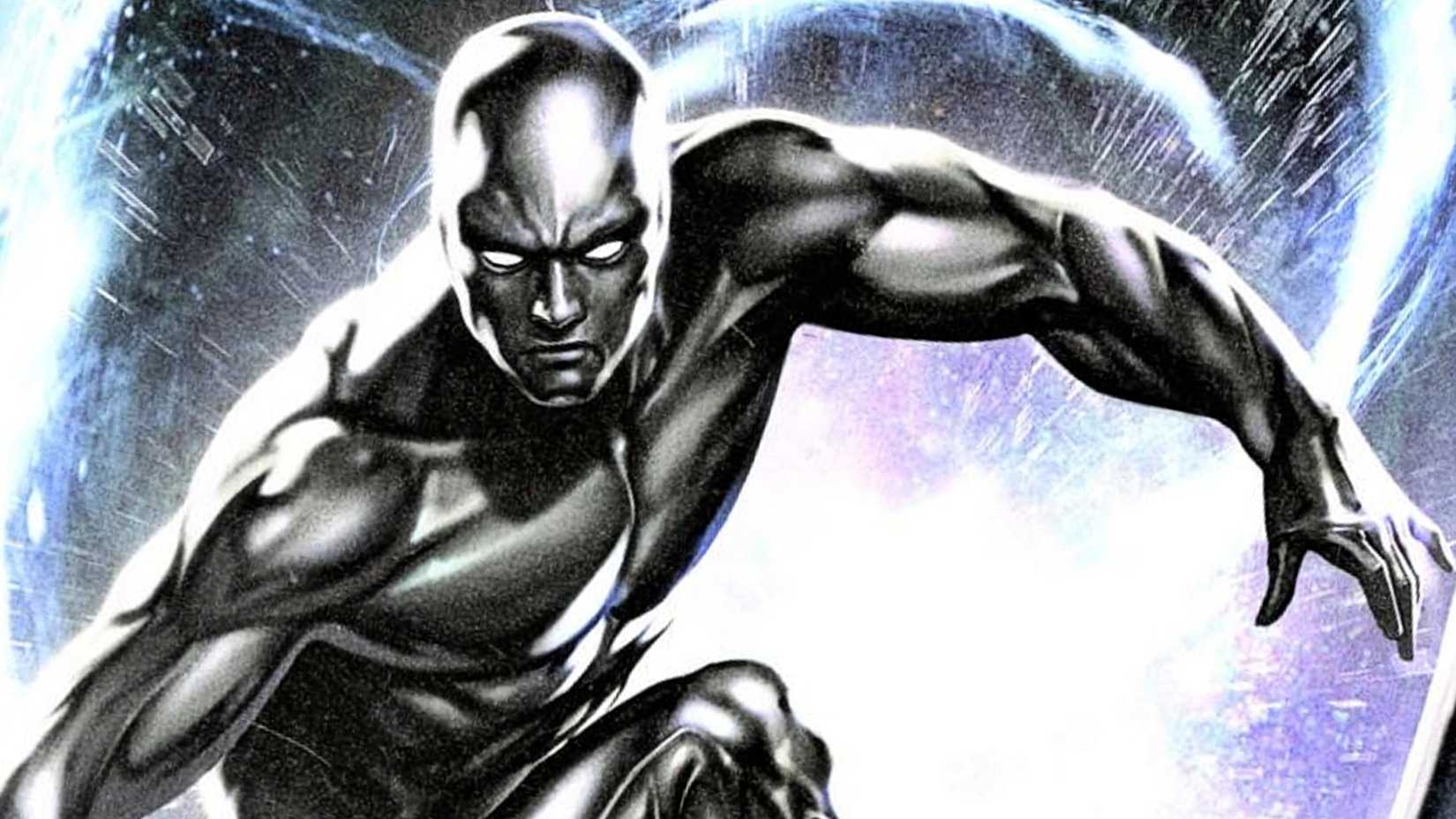 Norrin Radd aka the Silver Surfer glides doing rolls on his surfboard in outer space