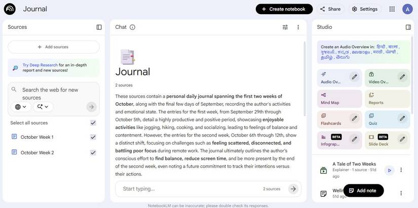 Screeenshot showing the Journal notebook in NotebookLM