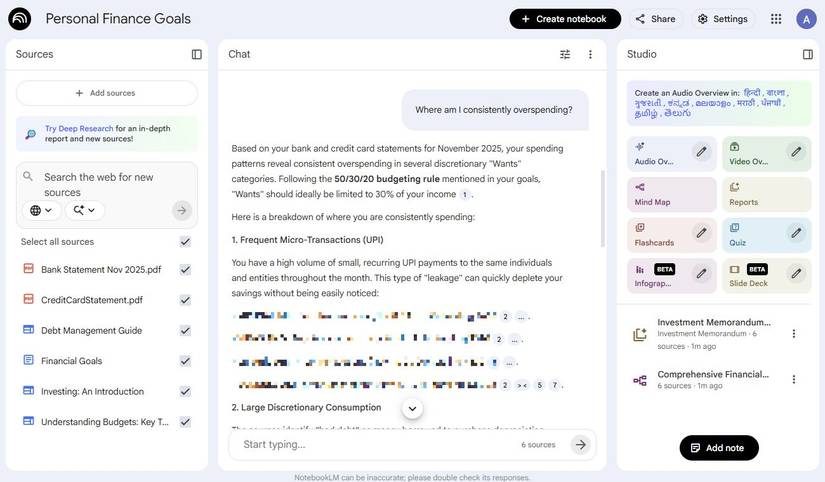 Screenshot showing the Finance notebook in NotebookLM