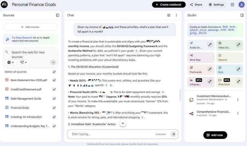 Screenshot showing a budgeting framework in NotebookLM