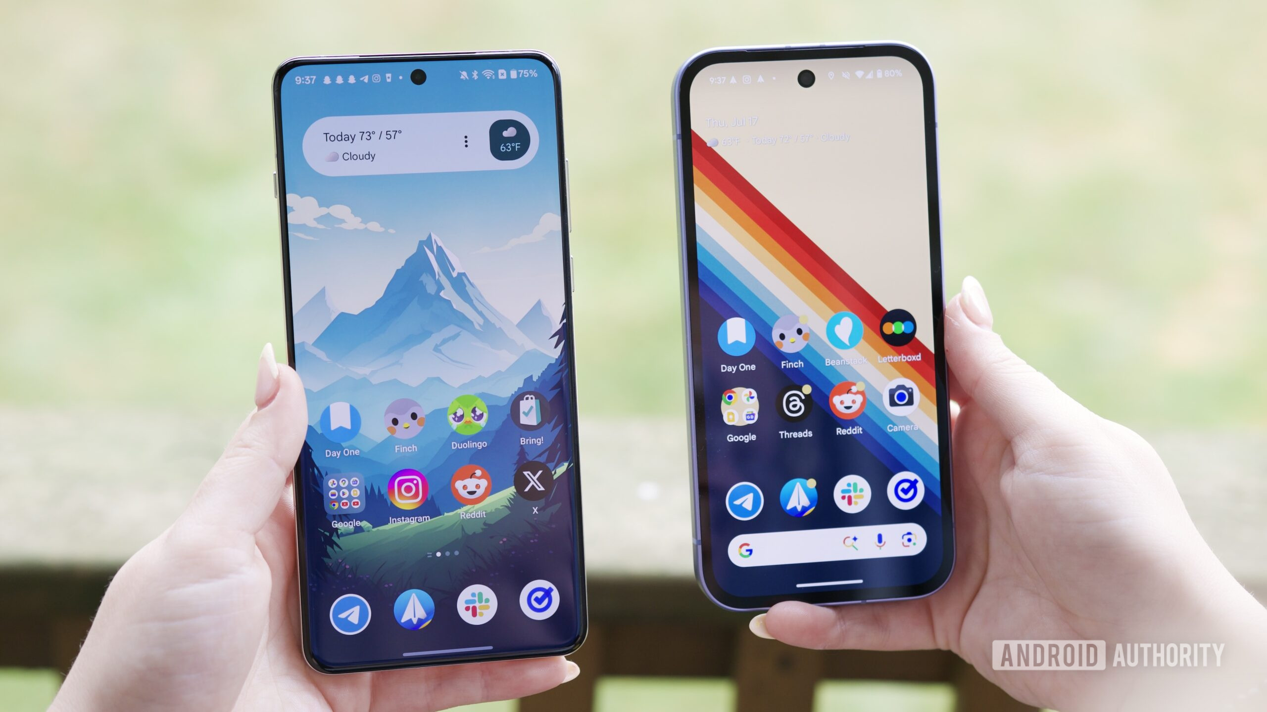 Someone holding a OnePlus 13 and Google Pixel 9a next to each other.