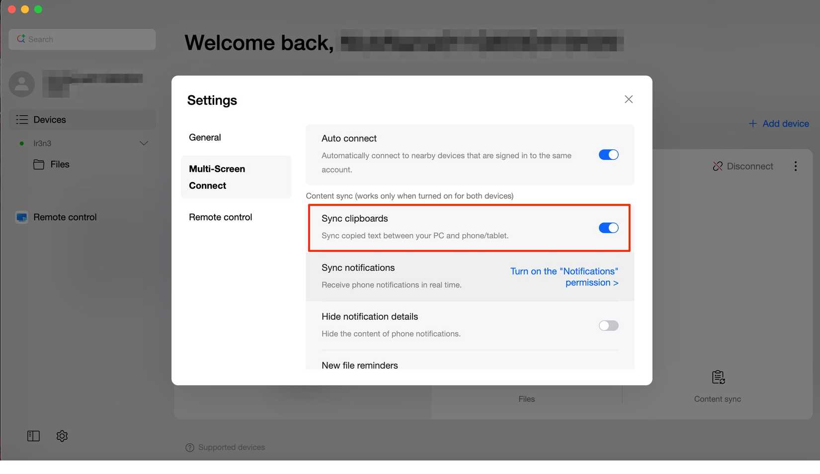 O+ Connect app on MacBook showing enabled syncing settings for clipboards and others