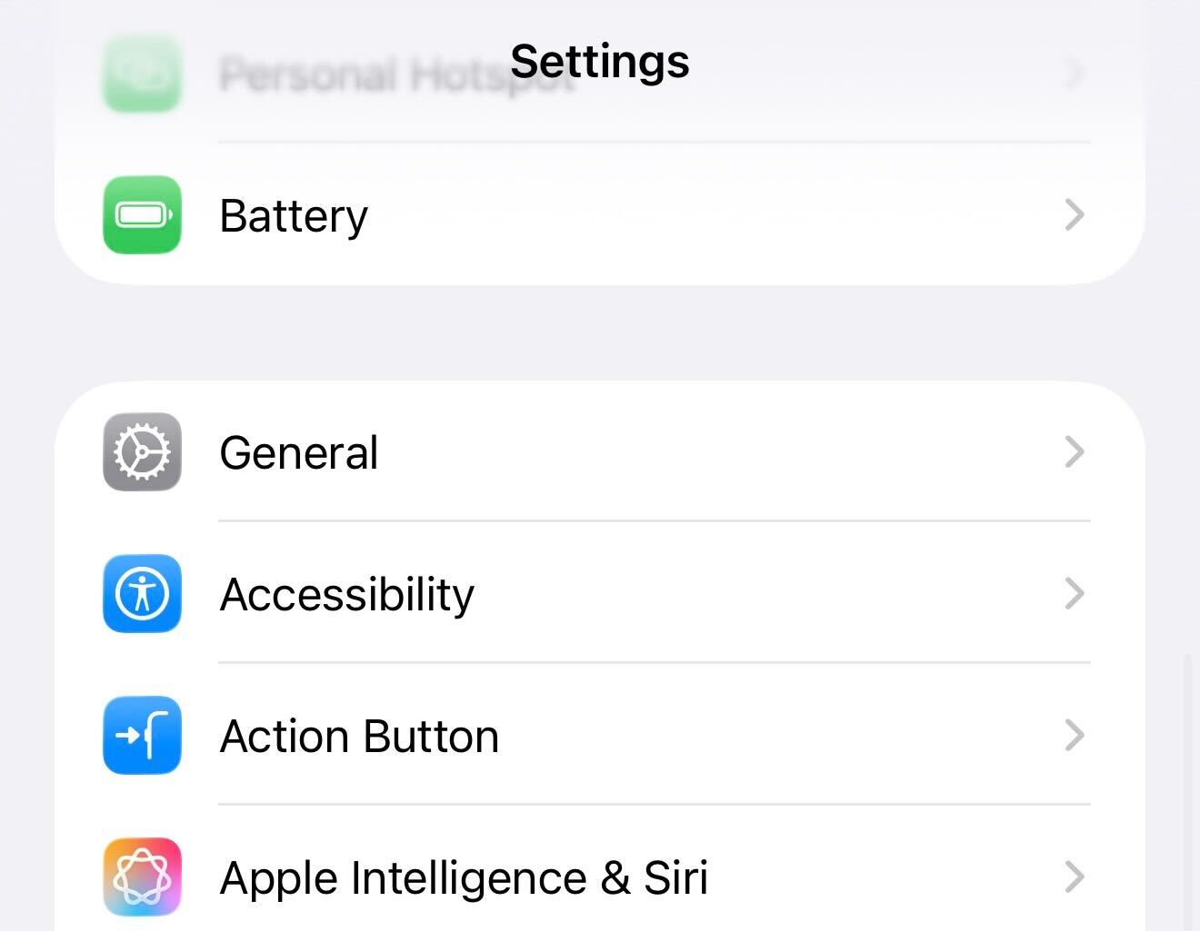 Settings screen iPhone