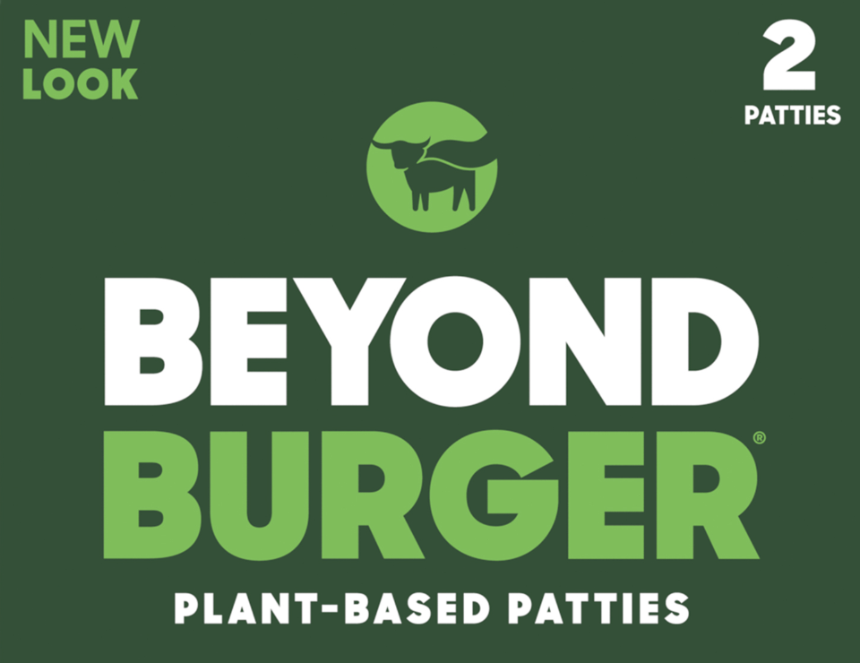 The green packaging for "Beyond Burger" plant-based patties features bold white and light green typography topped with a circular logo of a caped cow.