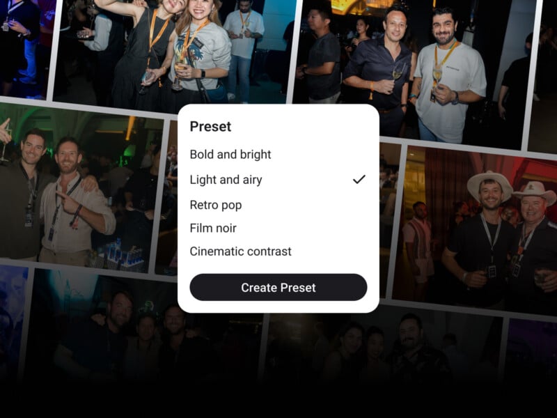 A digital photo editing interface shows preset options over a collage of party photos. The "Light and airy" preset is selected among options like "Bold and bright," "Retro pop," and "Cinematic contrast.