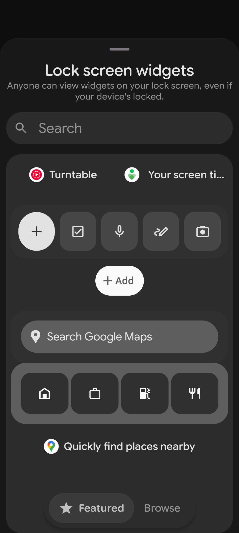 Pixel lock screen widgets menu showing search bar and available widget options