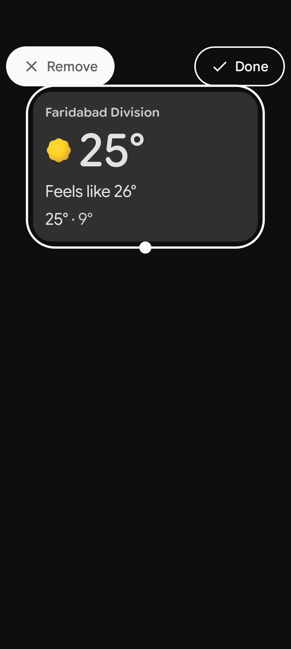 Weather widget edit screen with remove and done buttons highlighted