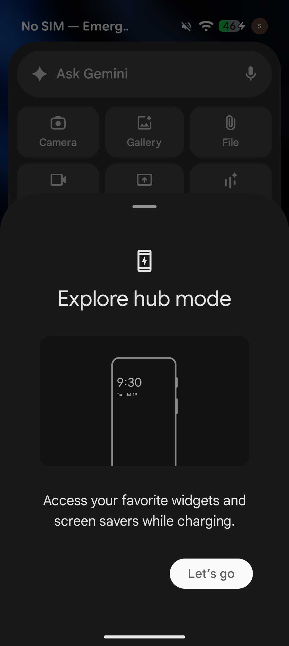 Hub mode introduction screen showing charging mode with widgets and screensavers