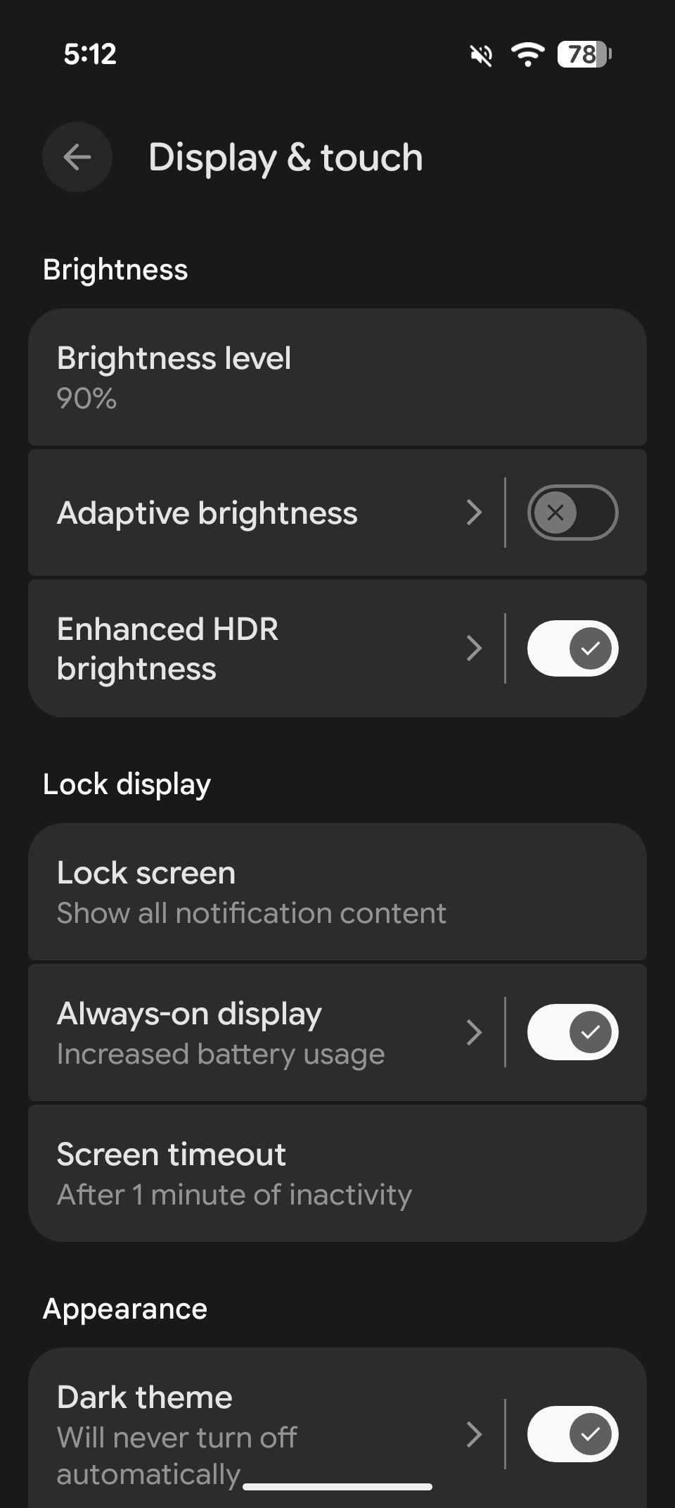 Display & touch settings in Android
