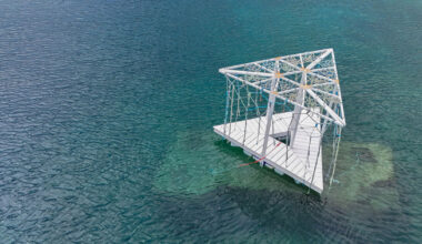 triangular wooden pavilion floats along croatia’s coasts
