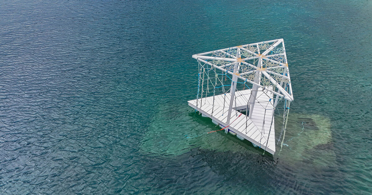 triangular wooden pavilion floats along croatia’s coasts