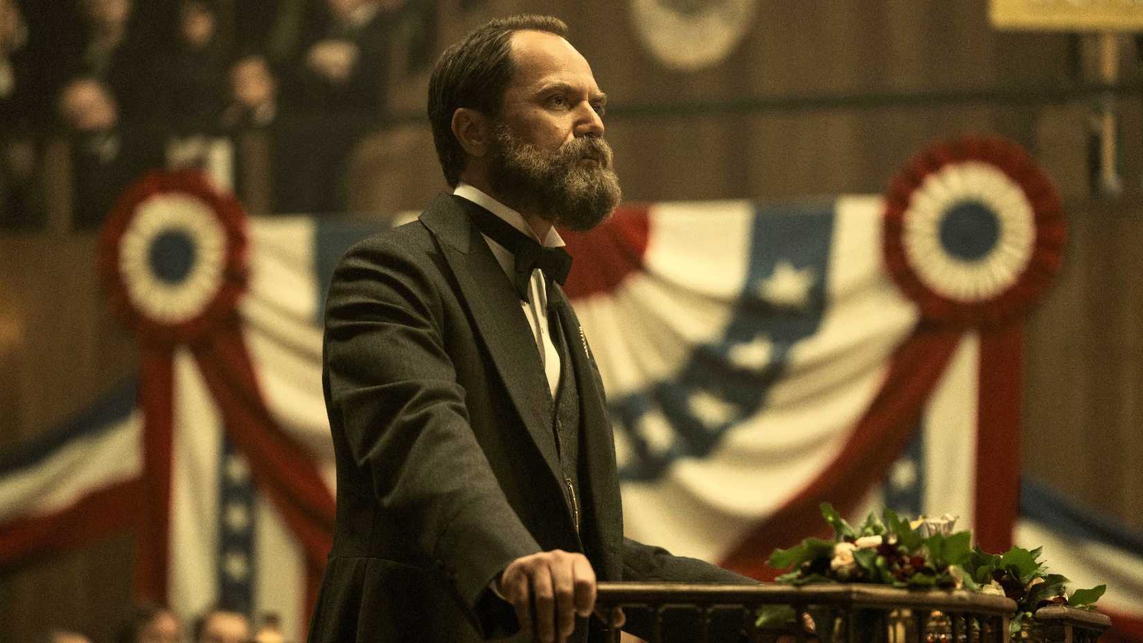 James A. Garfield gives a speech in Death by Lightning