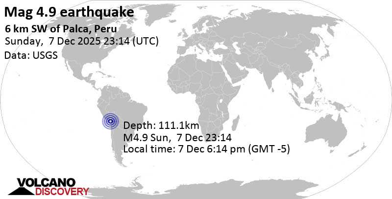 4.9 quake 36 km northeast of Tacna, Tacna, Peru, Dec 7, 2025 06:14 pm (Lima time)