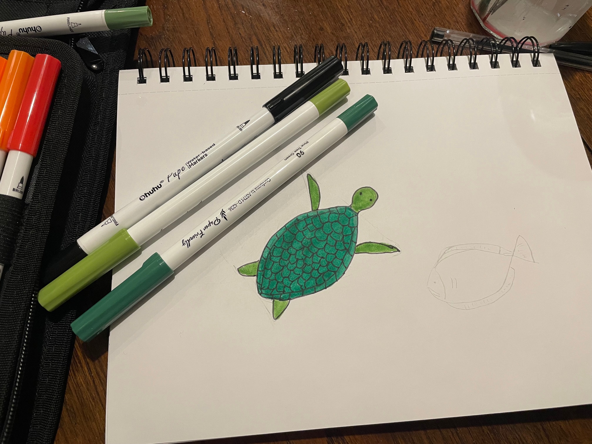 drawing of a turtle and a fish in felt tip pen next to a book with instructions on how to draw