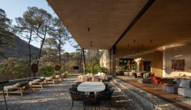 Pool terrace at Rancho del Bosque house in Valle de Bravo by Sordo Madaleno