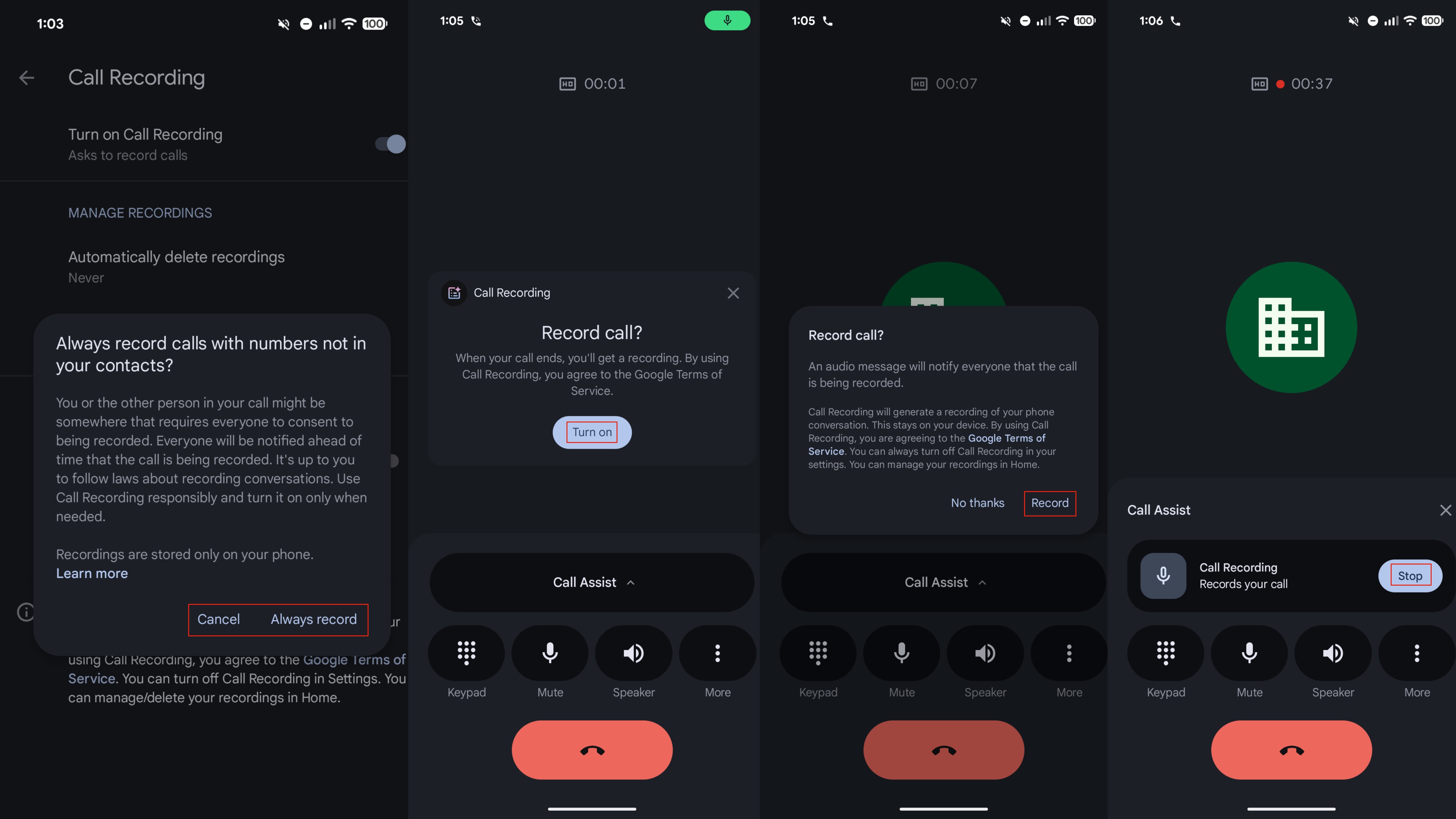 The screenshots for turning on and using Call recording on a Pixel phone.