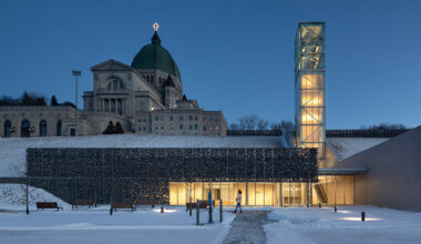 in montreal, saint joseph’s oratory pavilion glows behind gabion facades