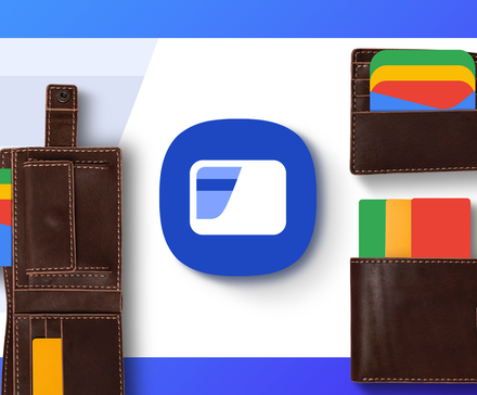 Samsung Wallet logo at the center, surrounded by leather wallets holding colorful cards with the Google Wallet logo.