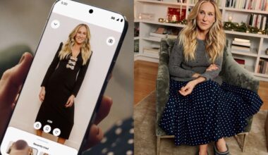 sarah jessica parker holding a phone with a photo of herself, AI generated using google's try on shopping assistant; SJP posing for a google campaign while wearing a maxi skirt, slippers, and a cashmere top