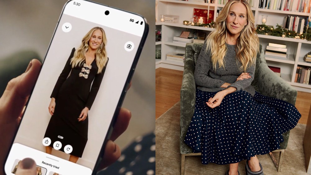 sarah jessica parker holding a phone with a photo of herself, AI generated using google's try on shopping assistant; SJP posing for a google campaign while wearing a maxi skirt, slippers, and a cashmere top