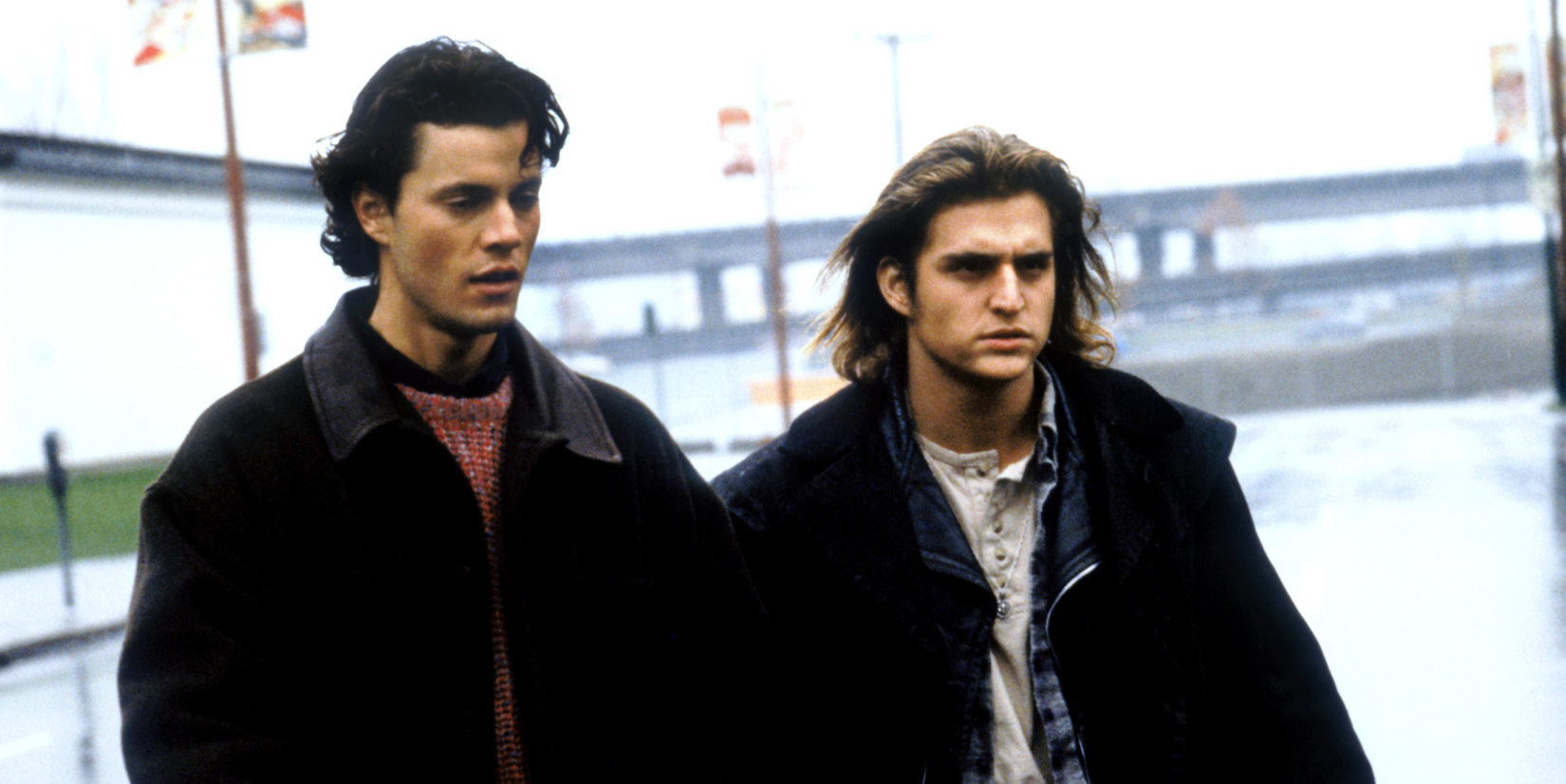 Michael Bendetti and Michael DeLuise wearing jackets and walking