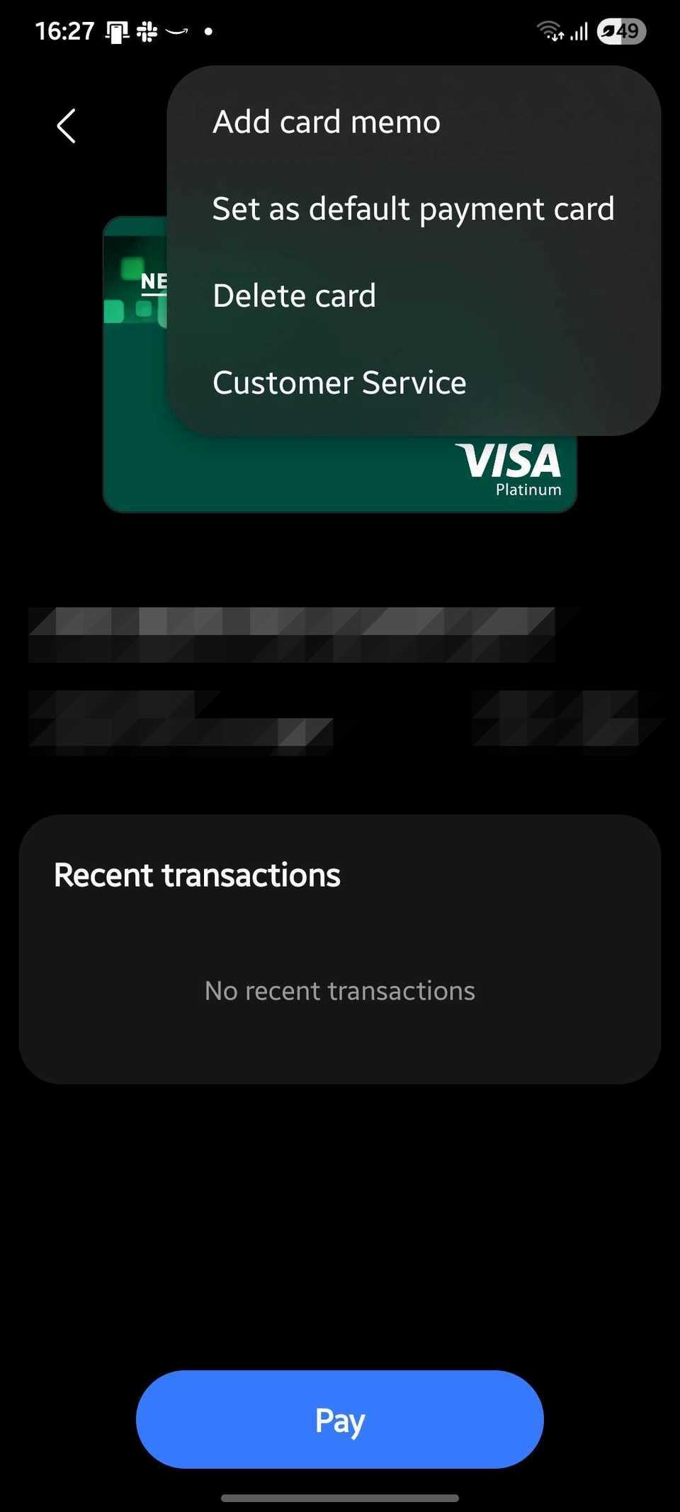 Screenshot showing how to set a default payment card on Samsung Wallet