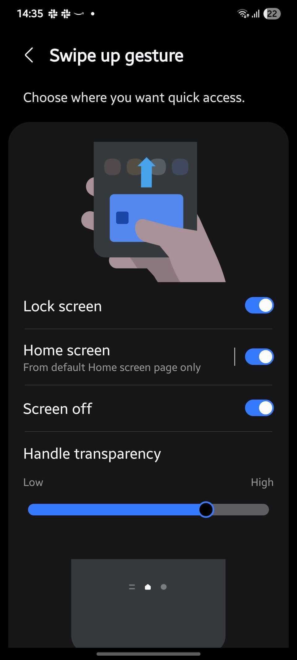Screenshot showing Swipe up gesture page in Samsug Wallet settings
