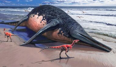 Artist’s impression of a blue-whale-size sea monster (giant ichthyosaur) stranded on a beach.
