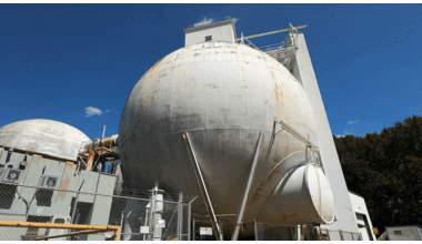 Views of the 60-foot vacuum sphere in the which the plume-surface interaction testing is happening.