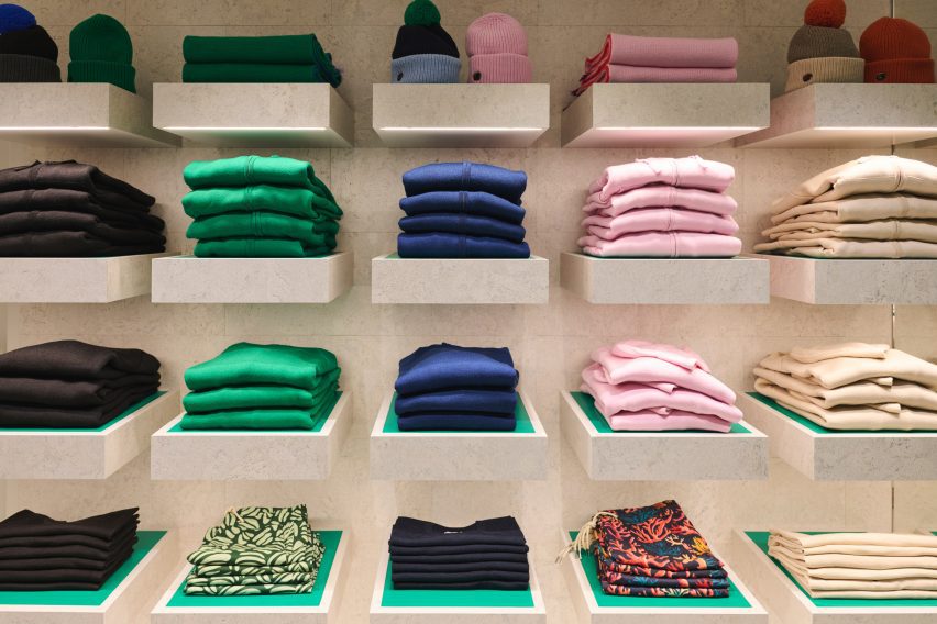 Wool clothing on shelves