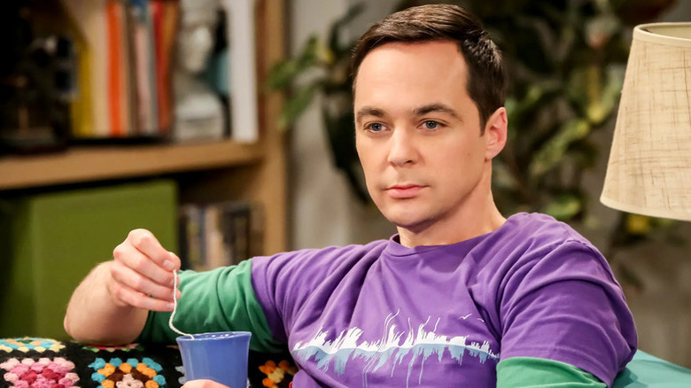 Sheldon looking smug with a cup of tea on The Big Bang Theory