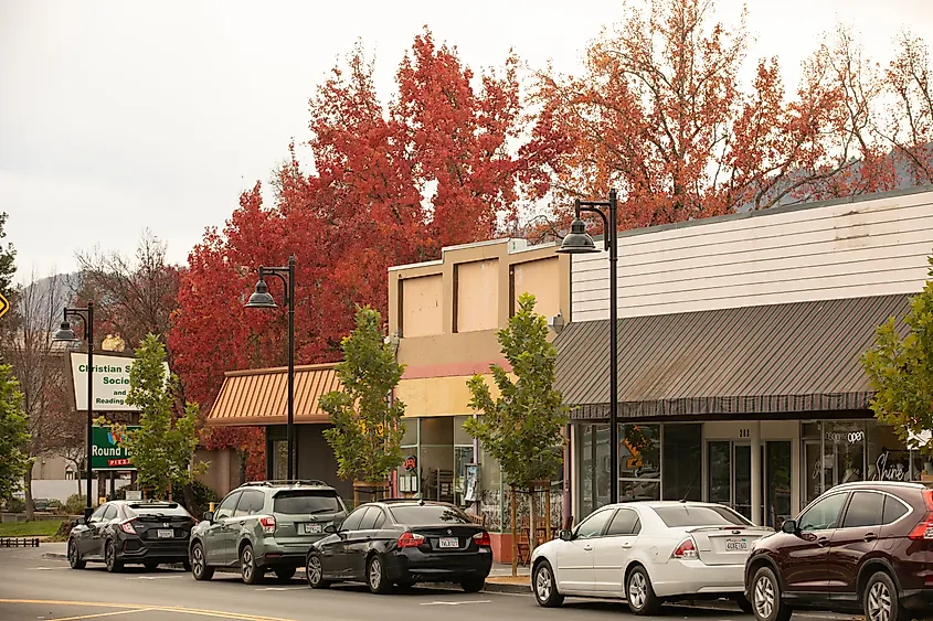 Ukiah, California: Cloudy autumn light shines on the historic downtown core buildings.