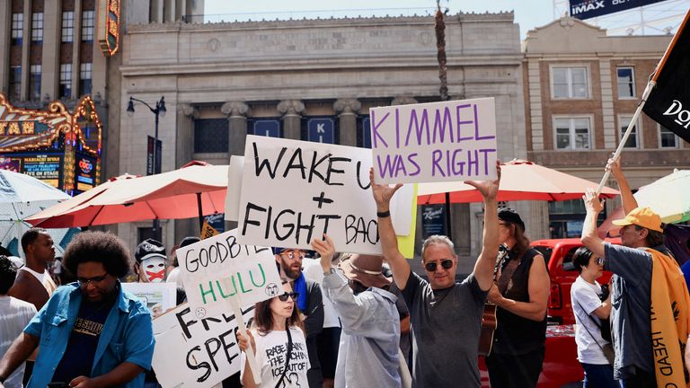 Protesters out in support of Kimmel in September. Pic: Reuters