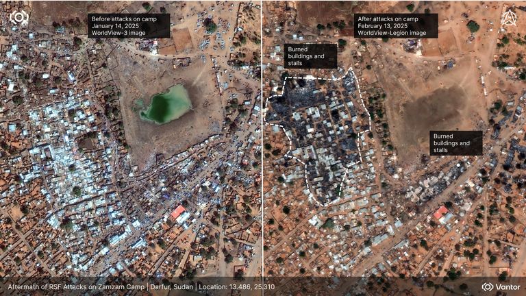 Satellite images show buildings and stalls burned during the attack on the Zamzam refugee camp in North Darfur, Sudan. Pic: Vantor