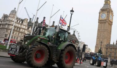 Tractors are driven during a protest by UK farmers. Pic: Reuters