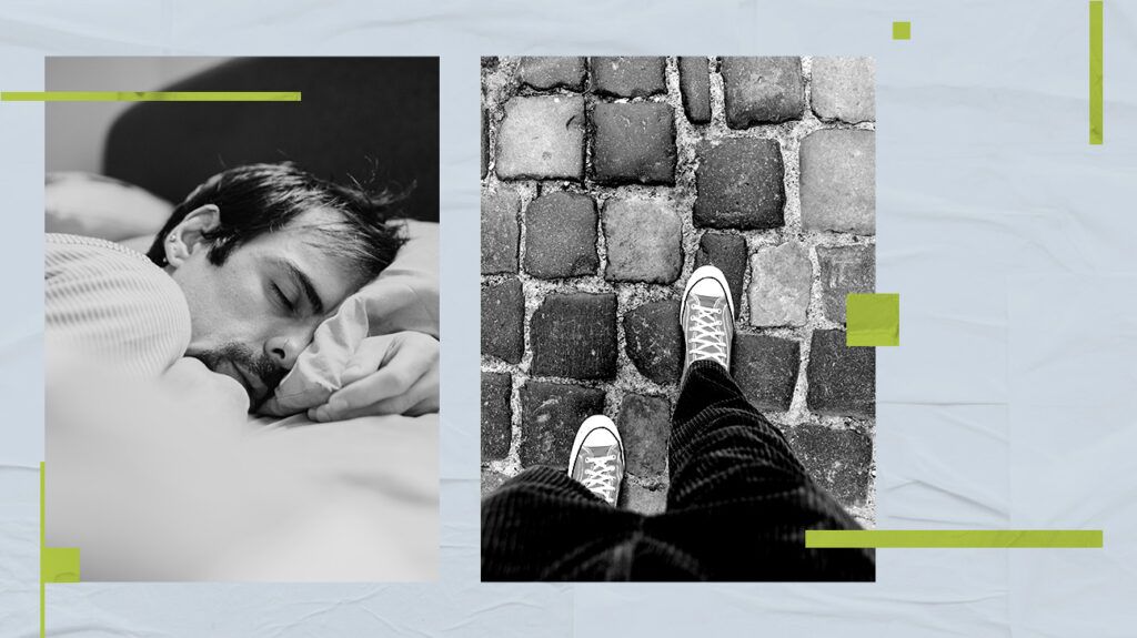 collage showing man sleeping and feet on pavement