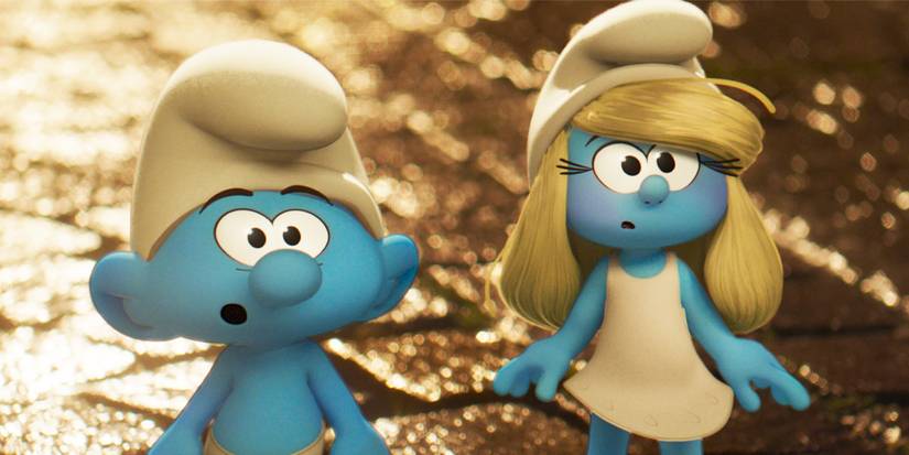 Two Smurfs looking surprised standing outside in the real world