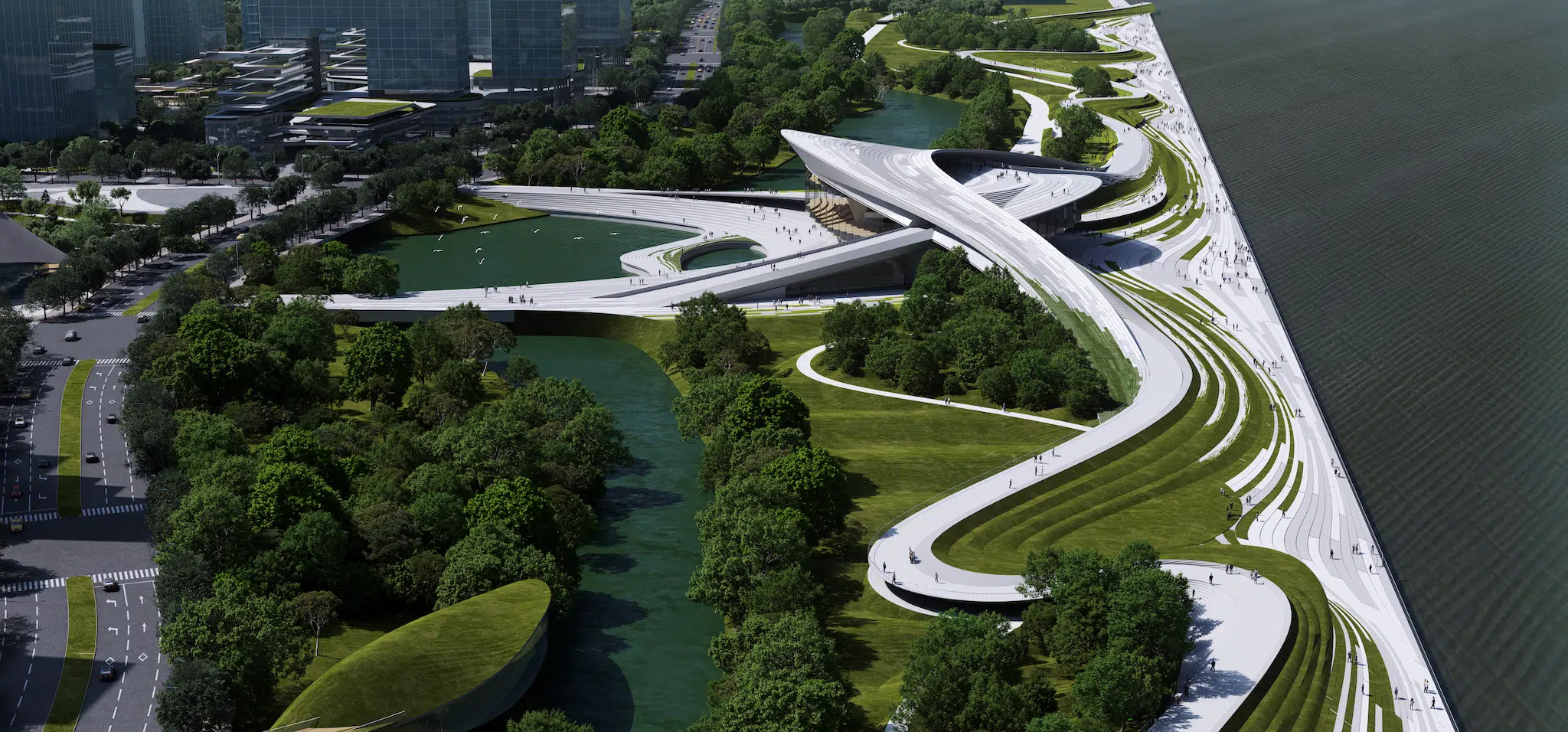 Exterior view of Snøhetta’s design for the Hangzhou Qiantang Bay Art Museum in China