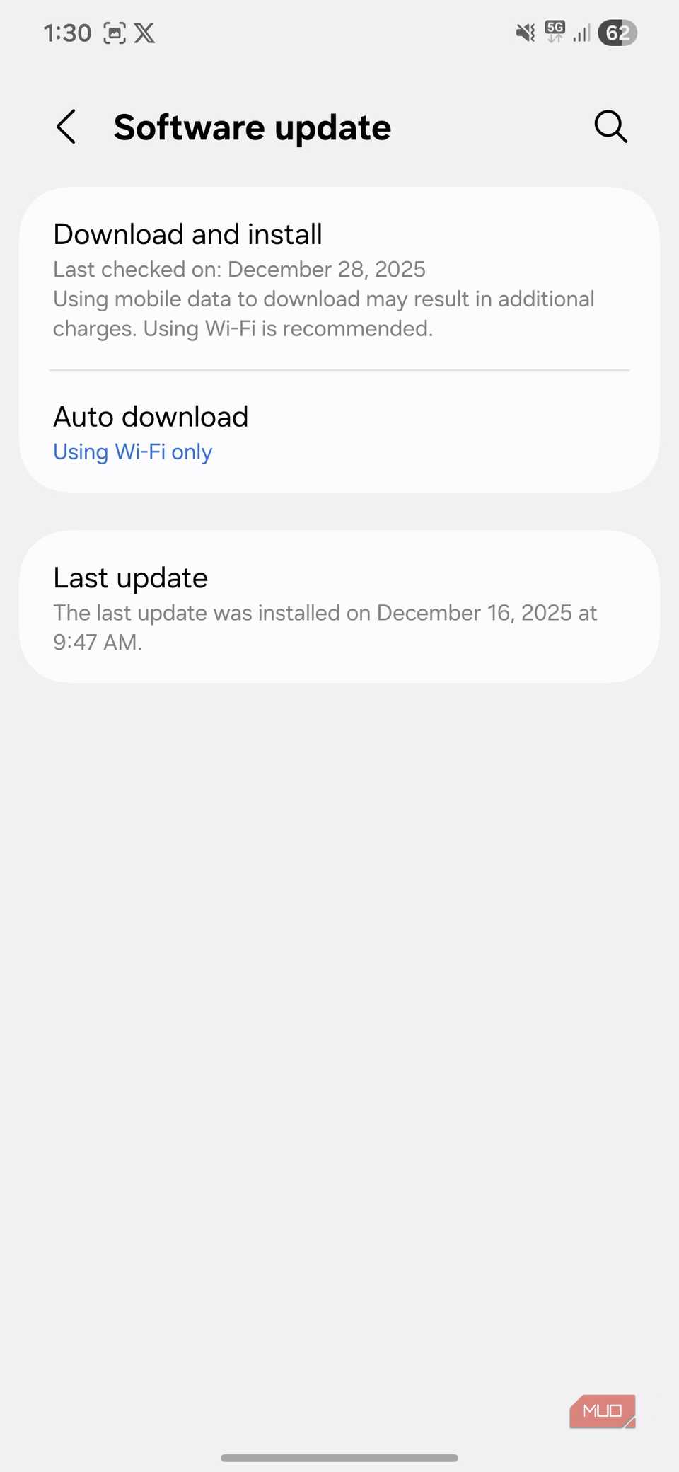 Software update menu on Android phone