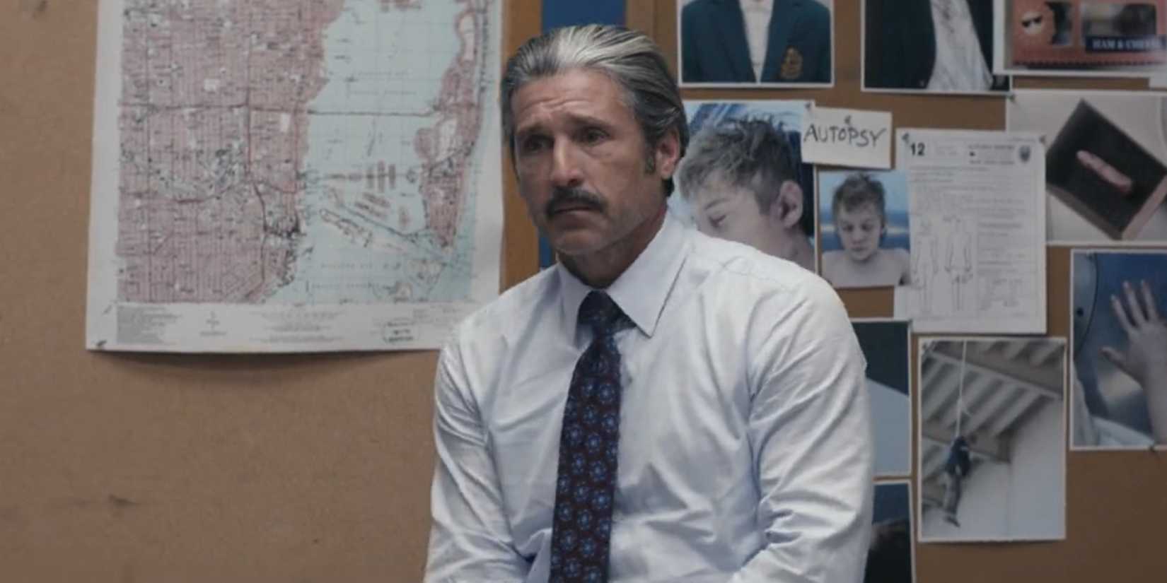 Captain Aaron Spencer (Patrick Dempsey) sitting looking upset in front of an evidence board in Dexter: Original Sin season 1, episode 6