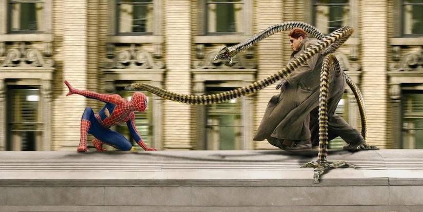 Spider-Man and Doc Ock fighting atop a train in Spider-Man 2 