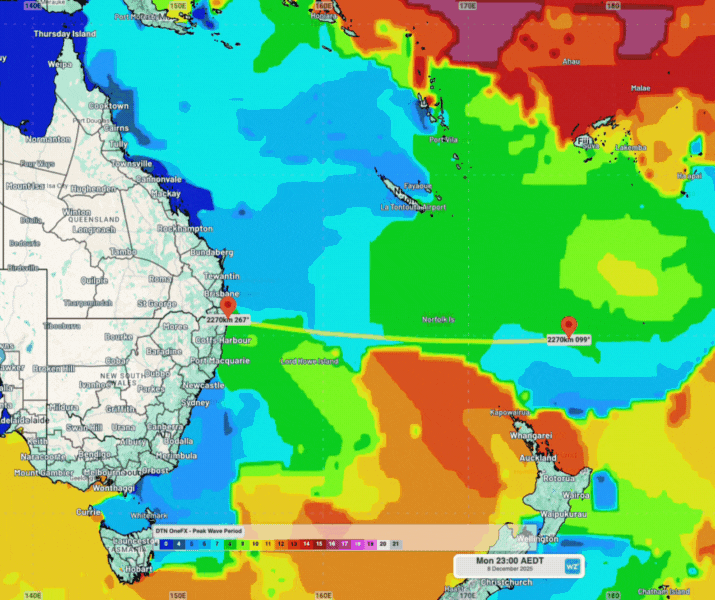 DTN’s OneFX Peak Wave Period showing easterly swell propagating across the Tasman and lower Coral seas next week. Source: Weatherzone