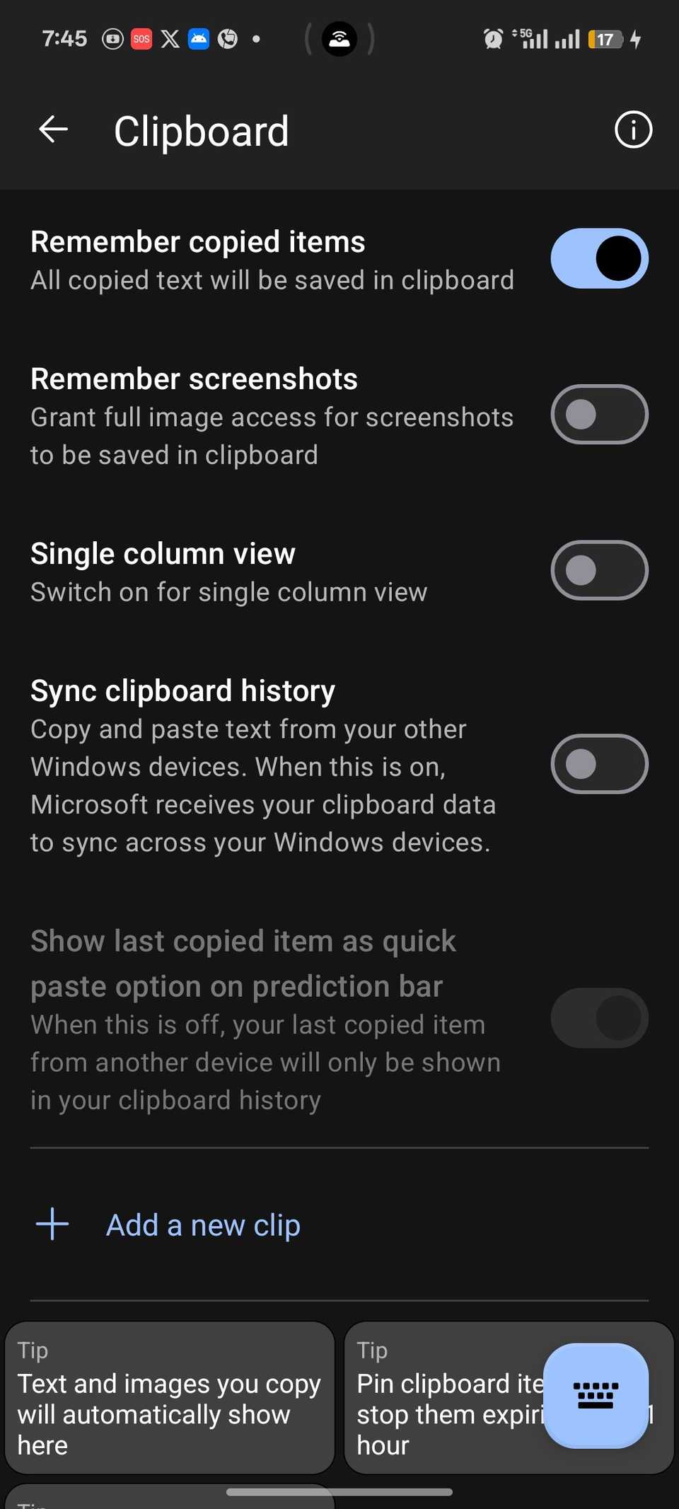 Menu showing different clipboard settings for SwiftKey keyboard
