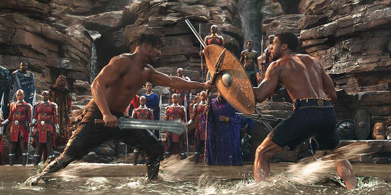 T'Challa (Chadwick Boseman) and Killmonger (Michael B. Jordan) fighting in Black Panther.