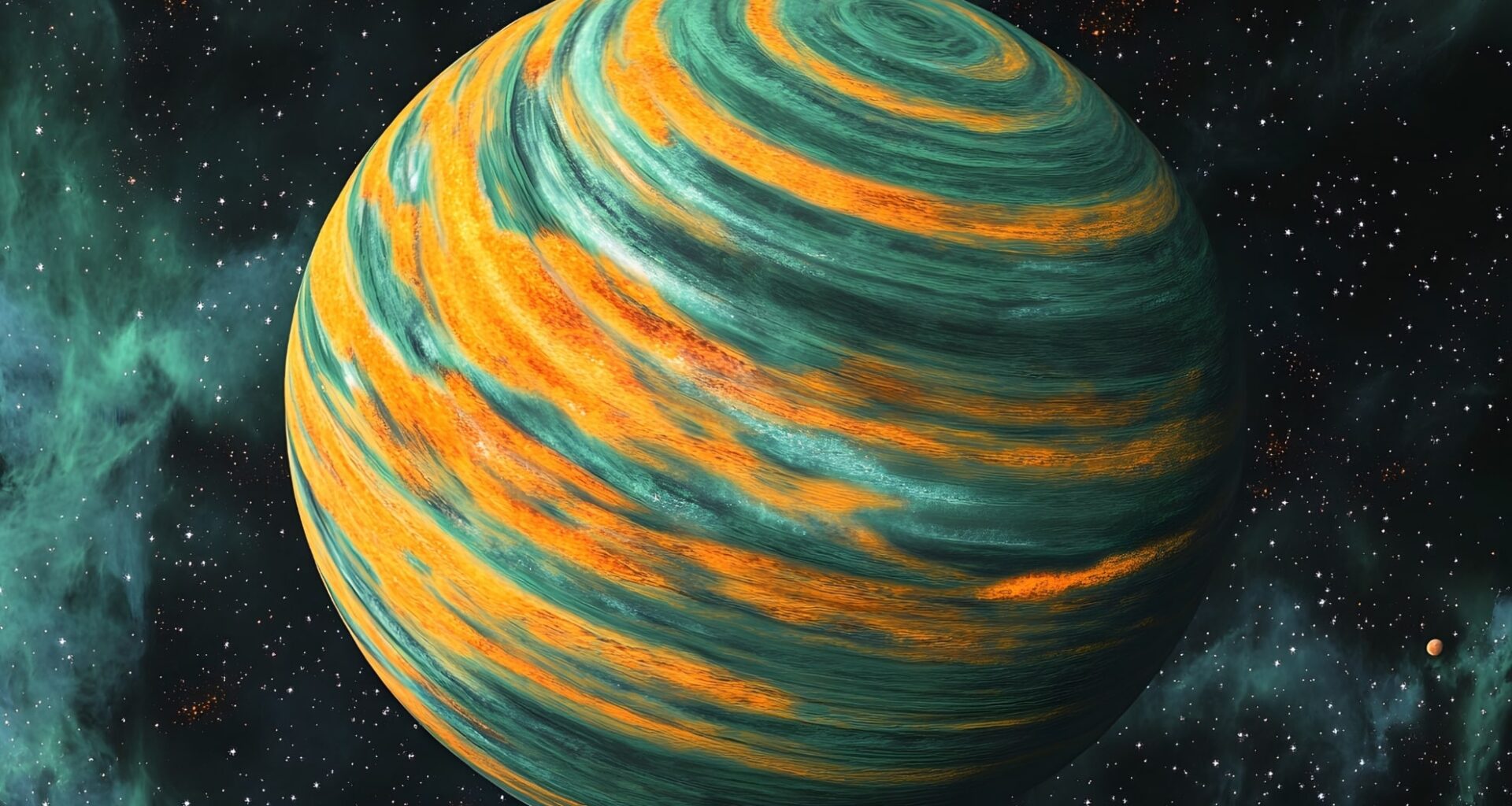 Teal And Orange Striped Exoplanet In Space Nebula