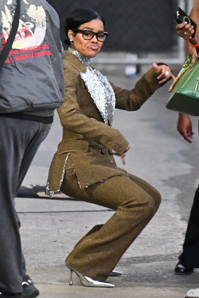 Teyana Taylor breaks it down in a pantsuit with metallic silver details before her appearance on “Jimmy Kimmel Live!” in Hollywood.