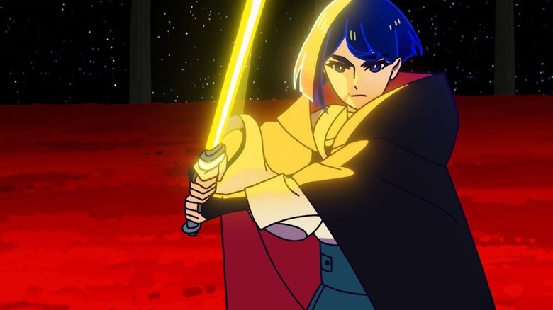 The Jedi F wields a yellow lightsaber in a field of red roses on 